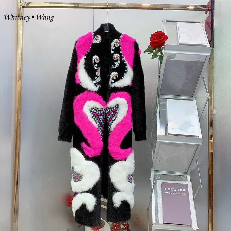 WHITNEY WANG 디자이너 스타일 2023 가을 패션 스트리트웨어, 인조 모피 패턴 패치워크 크리스탈 롱 가디건, 여성 스웨터 코트