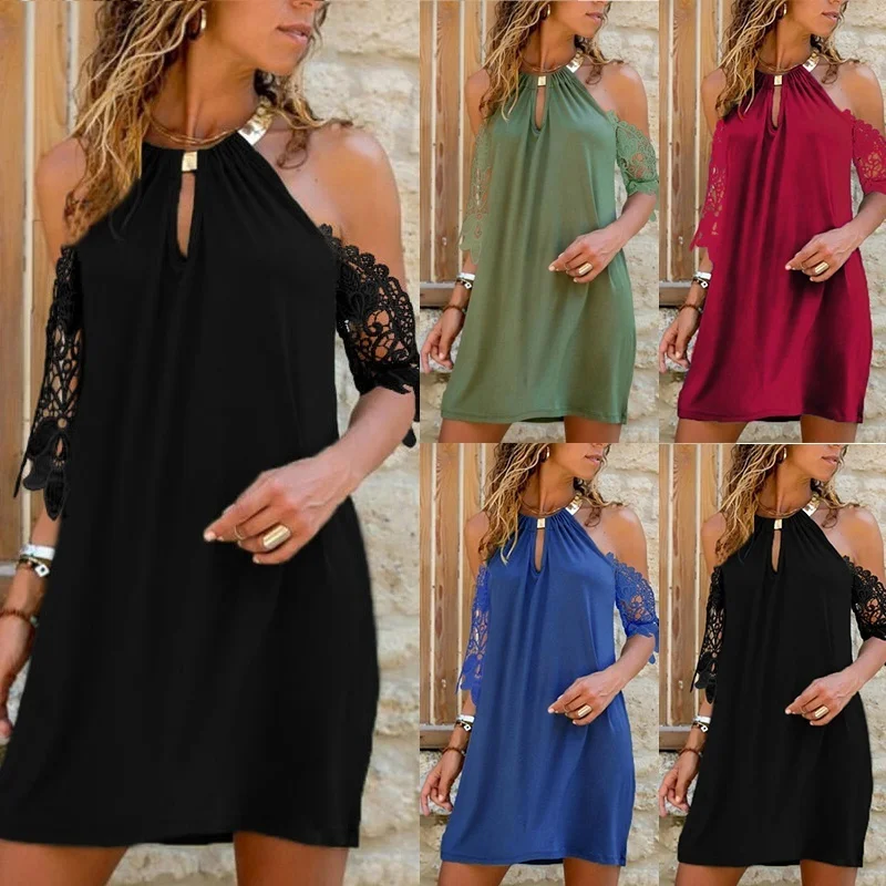 

2023 Summer Womens Dresses S-5XL Casual Sleeveless Strapless Elegant Halter Pure Color Lace Hollow Short Mini Dress