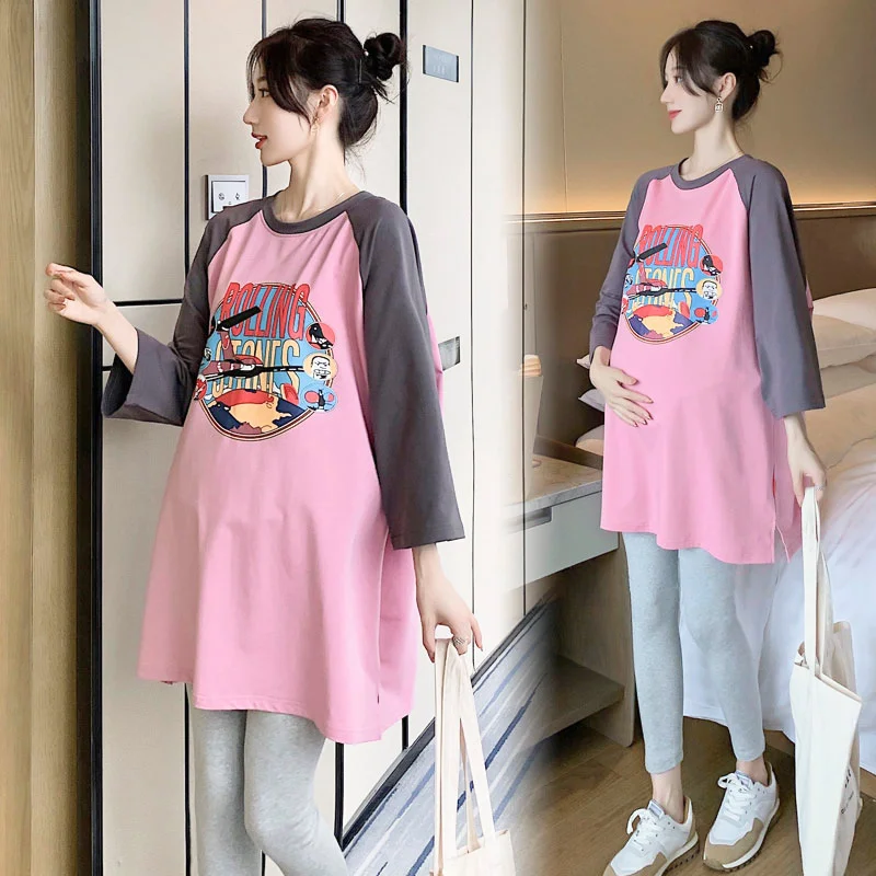 임산부 루즈한 긴팔 상의, 코튼 소재, 한국 스타일 프린트 디자인, 용수철 가을 티셔츠, 캐주얼 스타일