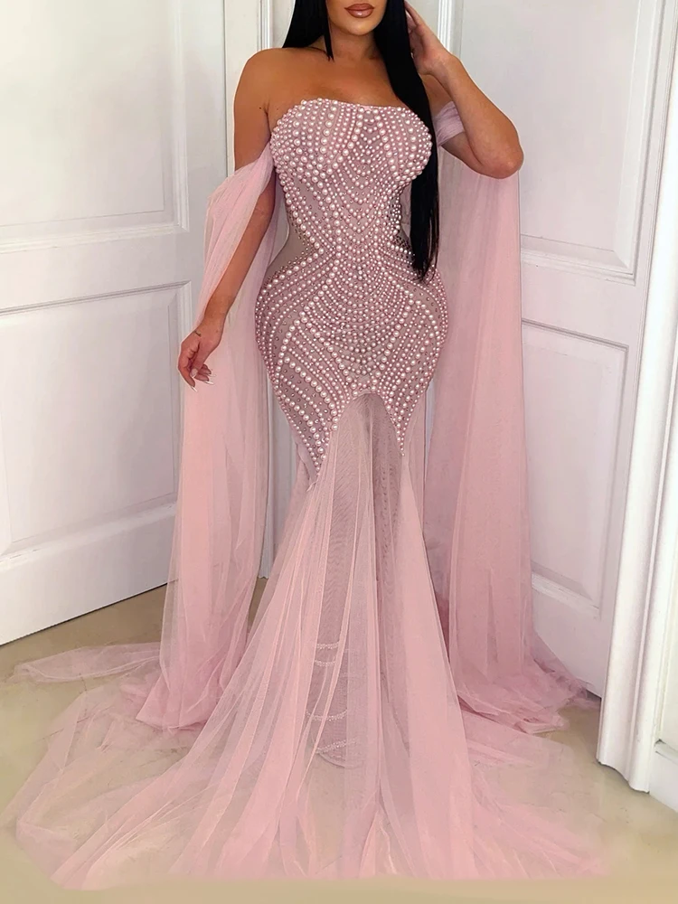 

Sexy Off Shoulder Mesh Beading Evening Gown Luxury Long Party Even Robe Bridesmaid Wedding Dress Women Femme