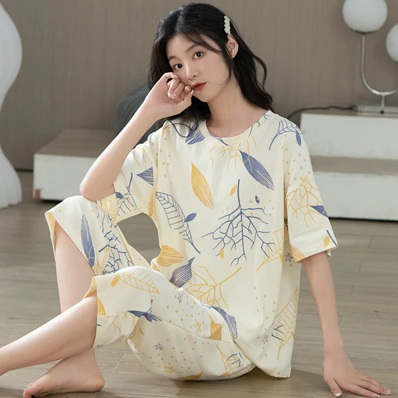 Spring Summer Women's Thin Pure Cotton Pajamas Round Neck Short Sleeve Pullover Capris Loose Home Clothing Set Sweet Sleepwear