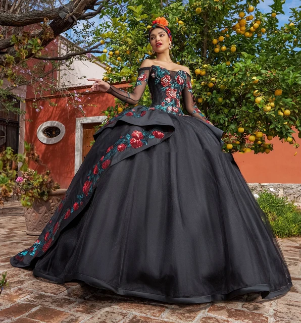 Black Charro Quinceanera Dresses Ball Gown Long Sleeves Tulle