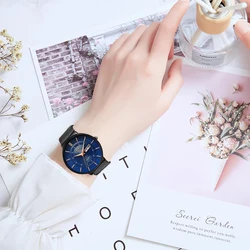 LIGE Women's Luxury Ultra - Thin Quartz Watch with Mesh Stainless Steel Band - Waterproof Gift Set with Box (Black blue)
