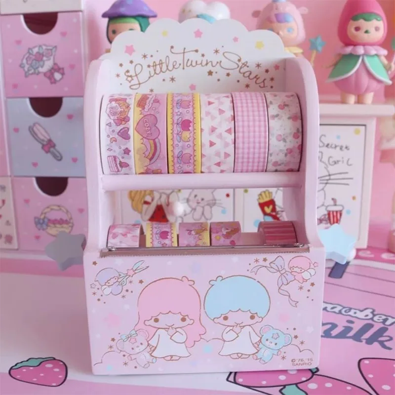 

Kawaii Sanrio Little Twin Stars Tape Base Cutter Wooden Cute Cartoon Anime Tape Holder Desktop Display Organiser Toys for Girls