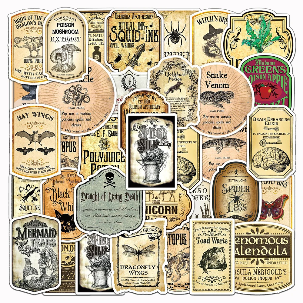 

10/30/50pcs Cool Halloween Retro Horror Potion Label Stickers Decal Guitar Motorcycle Laptop Skateboard Phone Waterproof Sticker