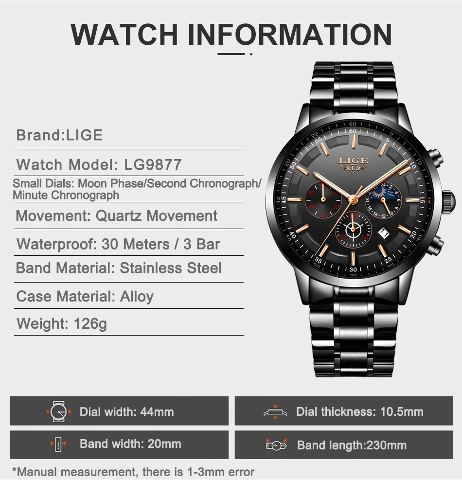LIGE Men Watches Steel Wristwatch Sport Waterproof Chronograph Analog Quartz Watch Man Business Date Clock Luxury Watch for Men