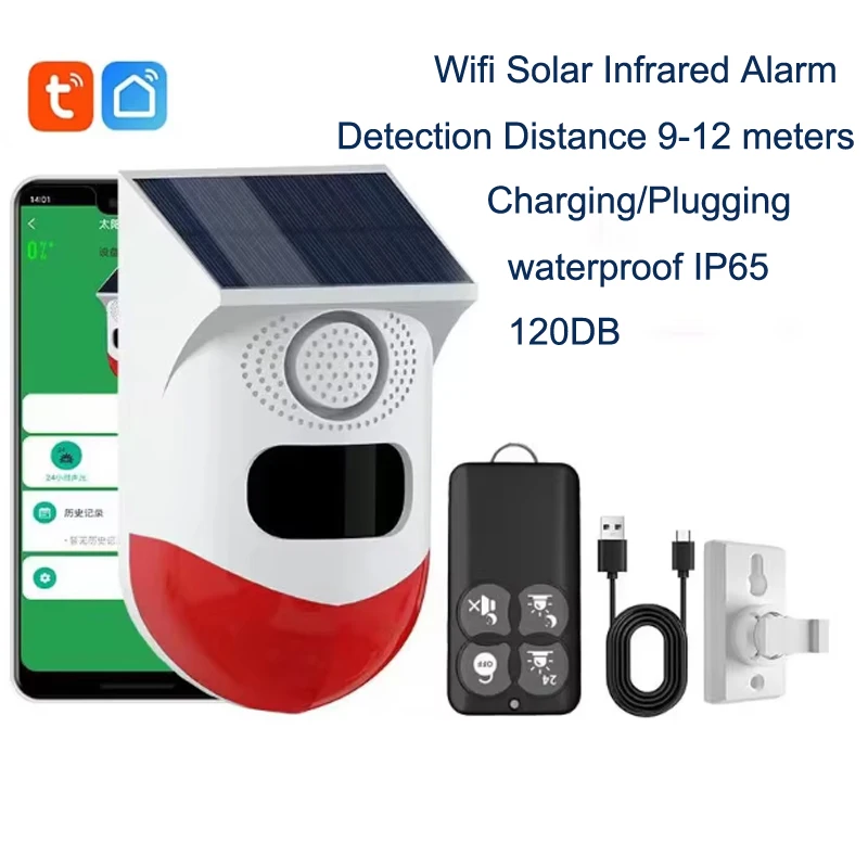 WiFi Outdoor Solar Infrared Alarm Wireless Alarm Home Security Alarm System Waterproof Strobe Siren App Remote Control