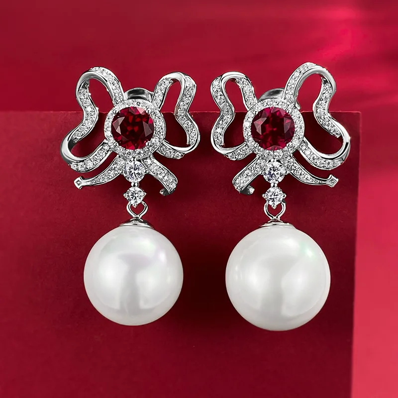 

2023 New Bow Inlaid Red and Blue Treasure Earrings Full Body 925 Silver Pearl 13mm Earrings for Women