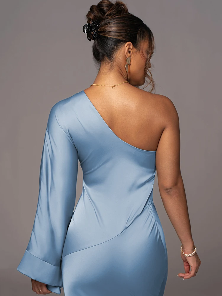 -Elegant Long Sleeved Party Evening Dress for Women, Flared Sleeves, Single Shoulder Bodycon, Maxi Dress, Backless Gown