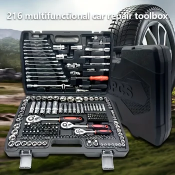 1 Set di 46 Pezzi per Riparazione Auto, Cassetta degli Attrezzi con Chiave a Cricchetto, Kit di Riparazione con Bussole per Manutenzione Auto, Kit di Ferramenta, Kit Multifunzionale per Riparazione Auto