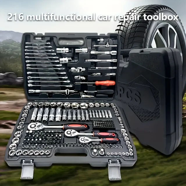 1 ensemble de 46 outils de réparation automobile, boîte à outils avec clé à cliquet, kit de réparation de douilles pour l'entretien automobile, kit de quincaillerie, kit d'outils de réparation automobile multifonctionnel 1