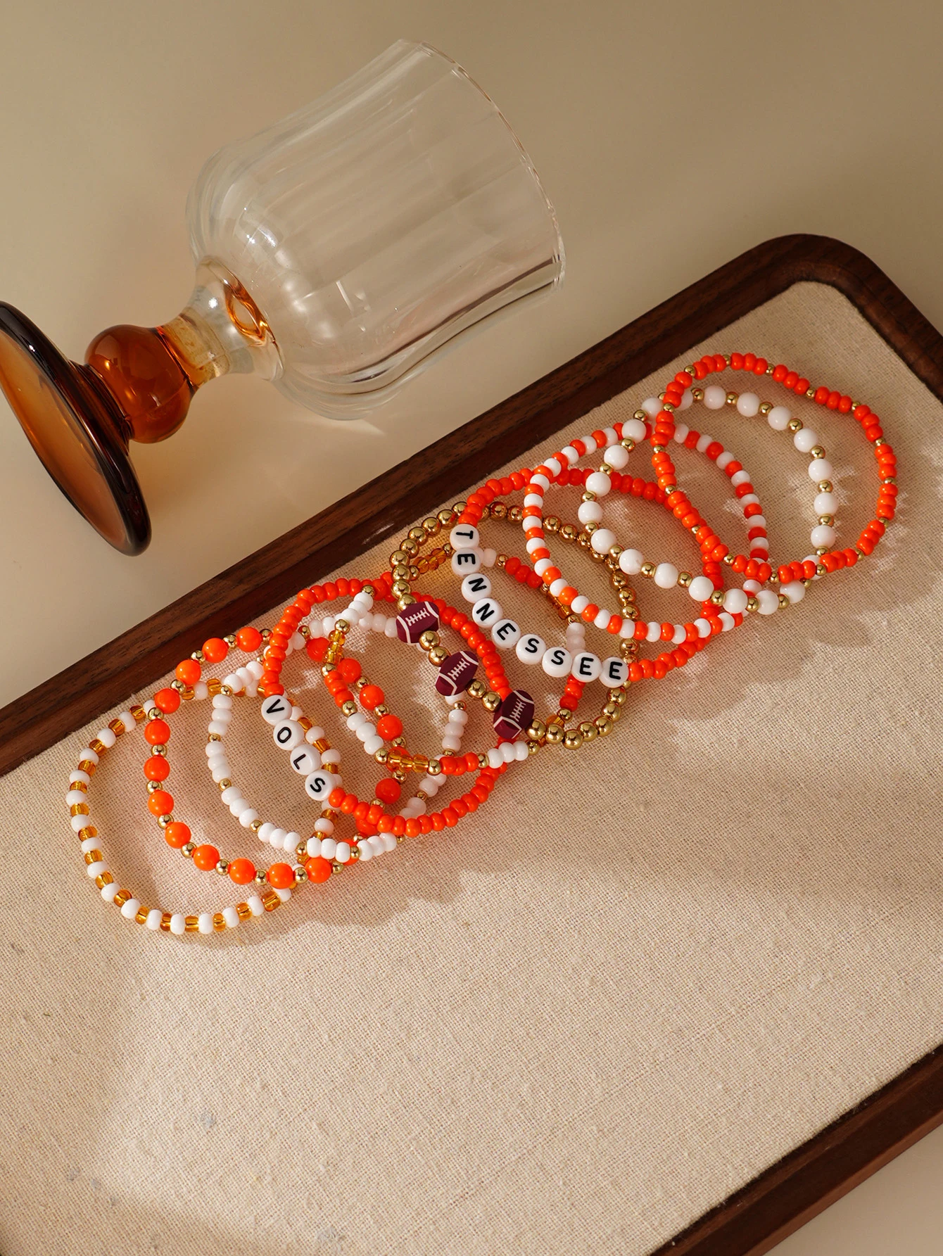 Bohemian Orange Bead Rugby Design Stacked Bracelet Set