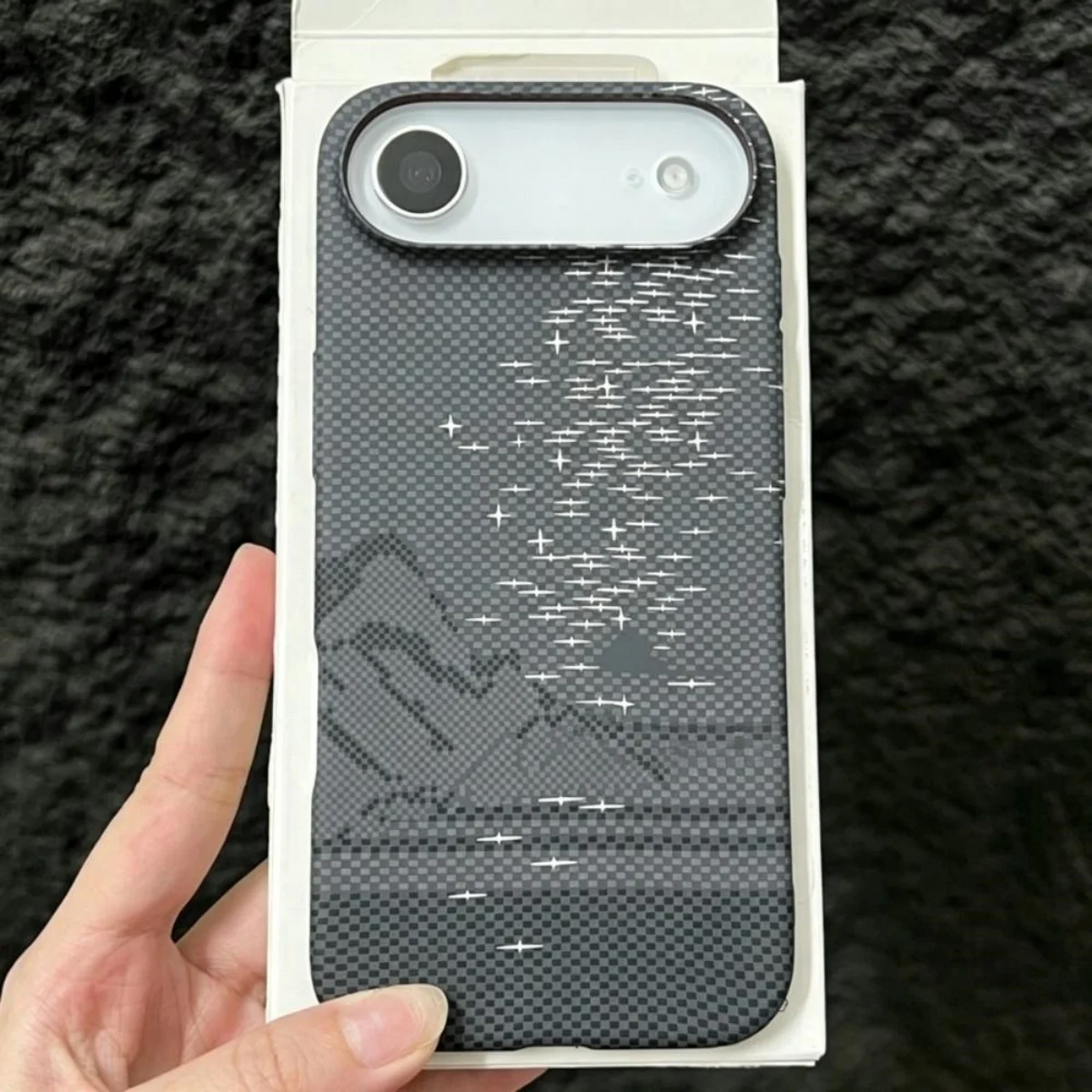 Luxury Carbon Fiber Kevlar Texture Phone Case with Mountain Island Starry Sky Design