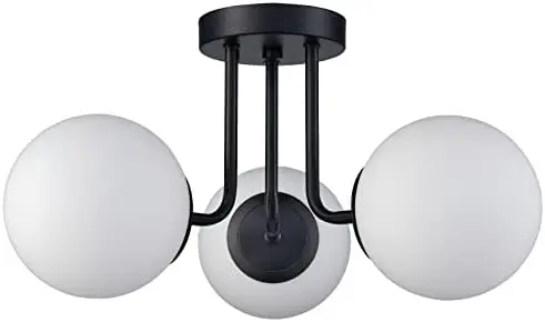 

Modern Black Metal Semi Flush Mount Ceiling Light with White Glass Shade Ceiling Mount Light Fixture for Hallway Living Room Sp