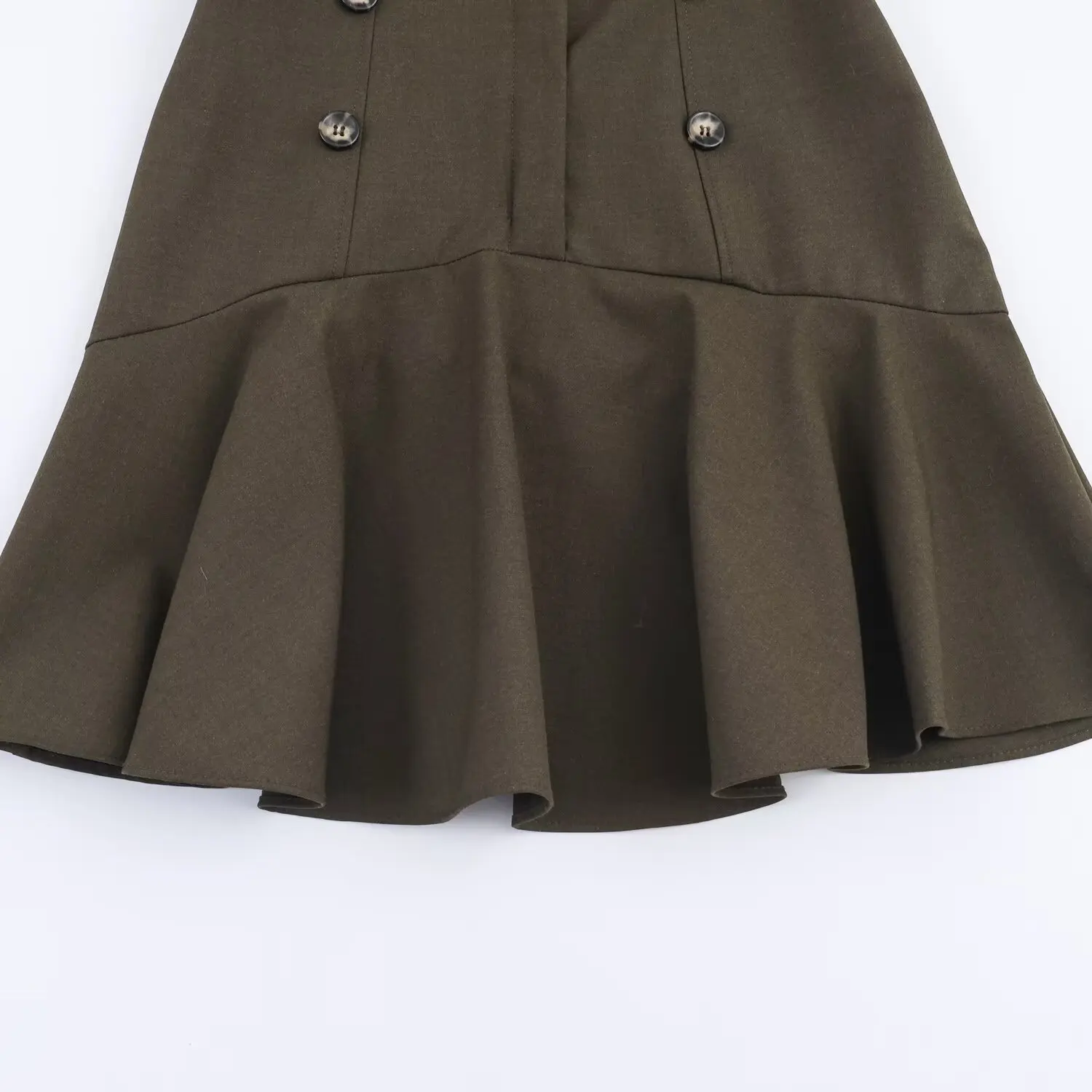 Women Military Green Elegant Mini Shirt-Dress With Shoulder Pads Female Sleeveless Button Decoration Casual Slim Fit Short Dress