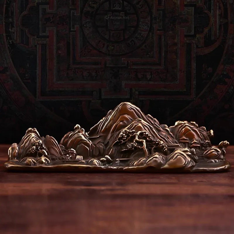 Brass Pen Holder Stand - Antique Chinese Landscape Calligraphy Brush Rest, Solid Copper Scholar's Desk Decor, Study Room Ornamen