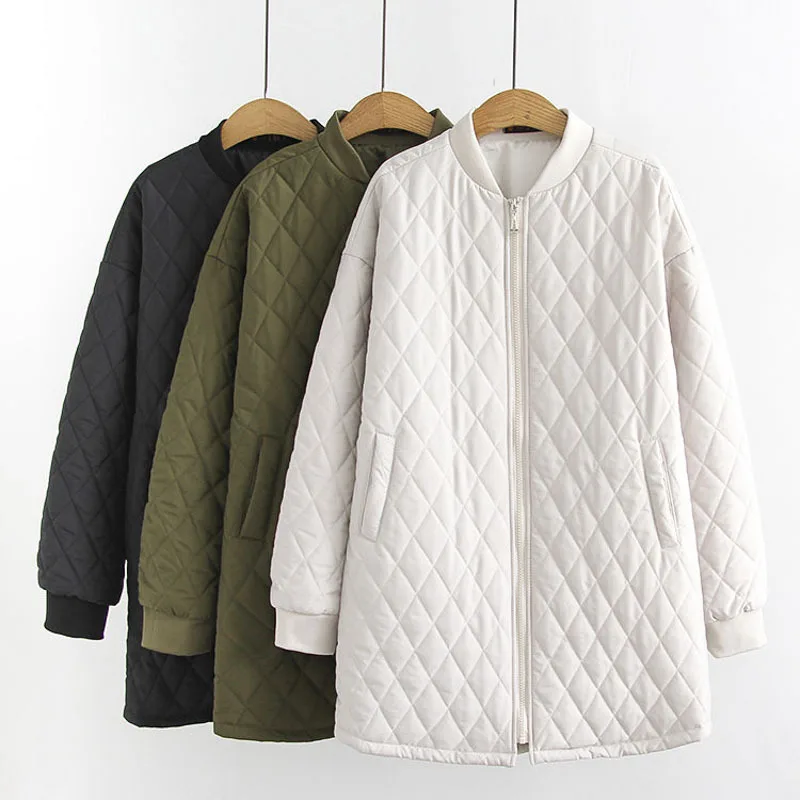Women's Cotton Padded Parkas, Long Sleeve, Anti-Static Zipper, Wadded Jacket, Argyle Coat, Plus Size Clothing, Autumn, Winter