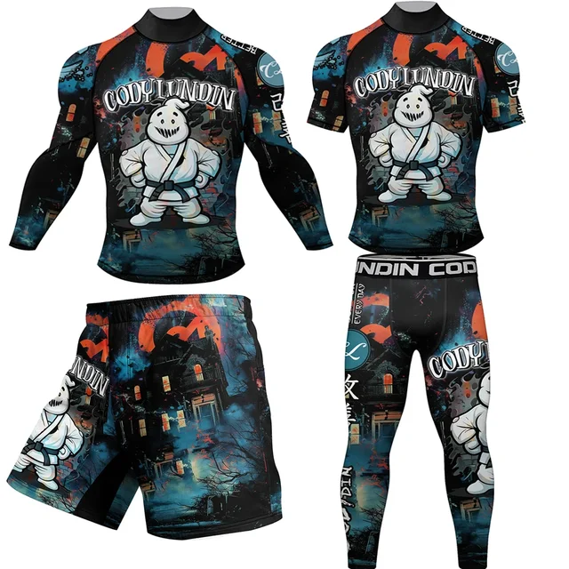 Men's T-shirt +Pant Shorts Set Compression MMA Bjj Rashguard Tracksuit Sport  Fitness Gym Clothing Training Running Sportswear 1