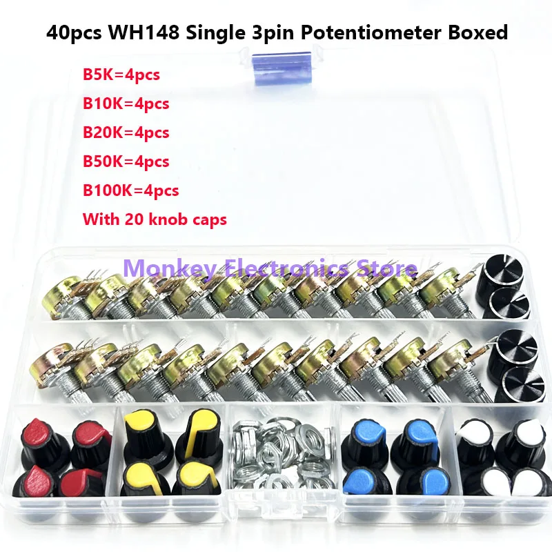 Potentiometers adjustable resistor multiturn potentiometer linear potentiometer rotary potentiometer potentiometer knobs potentiometer kit trimmer potentiometer WH148 Single 3pines 40PCS Kit box switch 15MM potenciometro B5K 10K 20K 50K 100K With 20PCS Knobs Set Shaft Nut