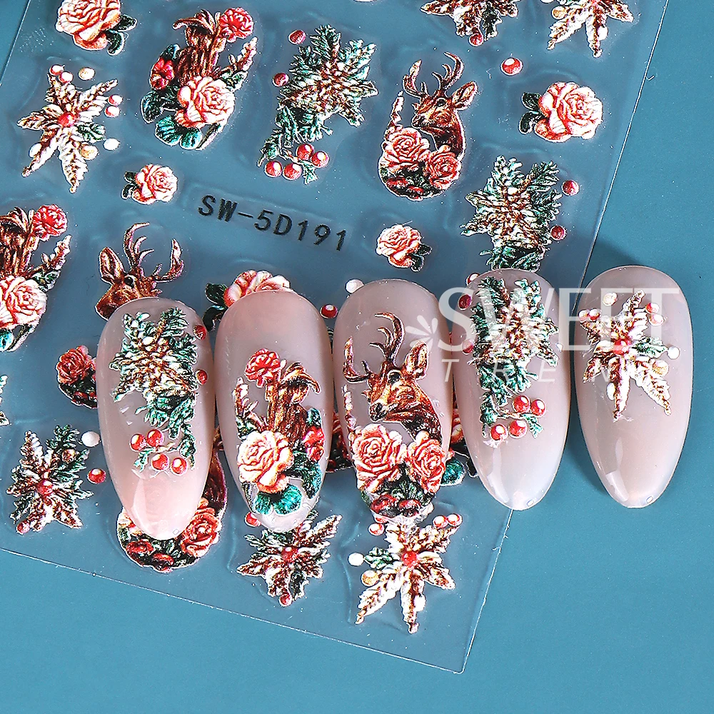 2pcs/set Christmas Nail Art Stickers 5D Embossed Self-Adhesive Elk Deer Flower Nail Decal for DIY Christmas Manicure Decoration