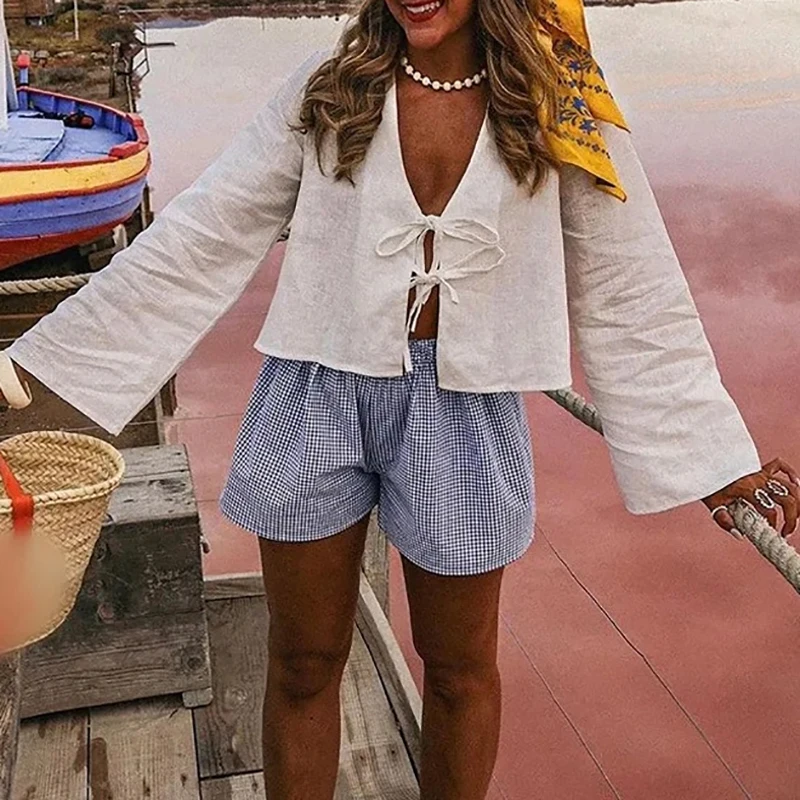 

Fashion Chic Lace Up Bow Shirts For Women Casual V Neck Hollow Out Long Sleeve Crop Tops 2024 Spring Lady Blouses Streetwear