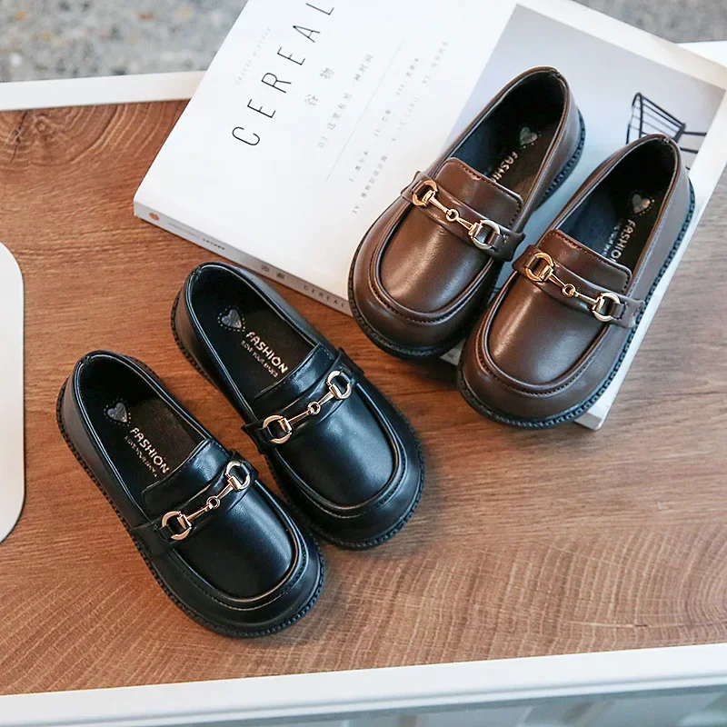 

HoneyCherry New Girls Leather Shoes Kids Fashion Casual Solid Black Slip-on Loafers Kids Shoes for Girl