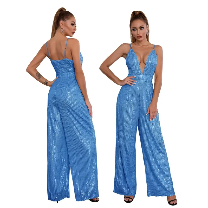 Sexy sequins one piece jumpsuit women spaghetti strap deep v neck club wear jumpsuits