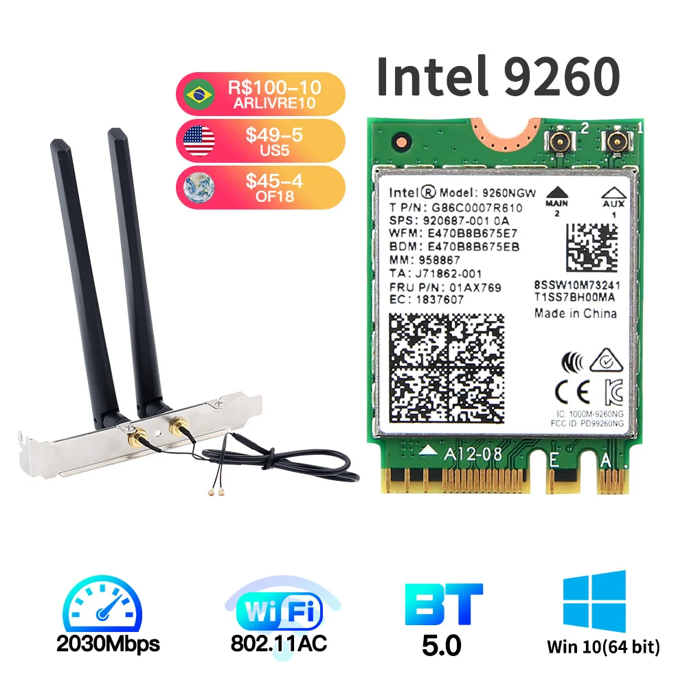 802.11AC 1730Mbps Bluetooth 5.0 PCIe WiFi Card with 9260NGW 160MHz Dual Band PCI Adapter for PC and Desktop OKN Gigabit + 