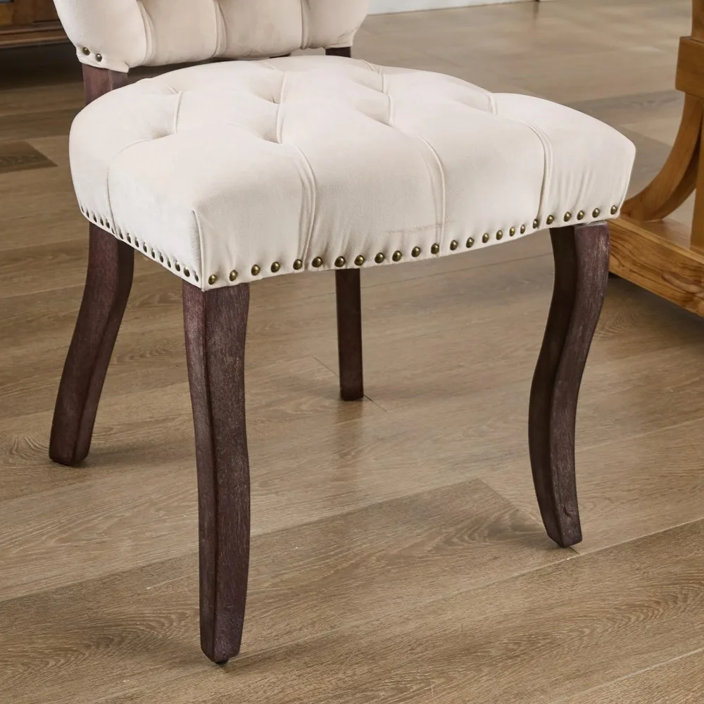 French Vintage Tufted Upholstered Dining Chairs, Beige Fabric with Wooden Legs, Ideal for Kitchen, Dining Room & Cafe, Set of 4 6
