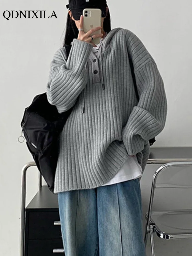 

Autumn Winter New Solid Color Hooded Pullover Sweater Women Korean Oversize Knitwears Jumper Top Female Fashion Loose Outerwear
