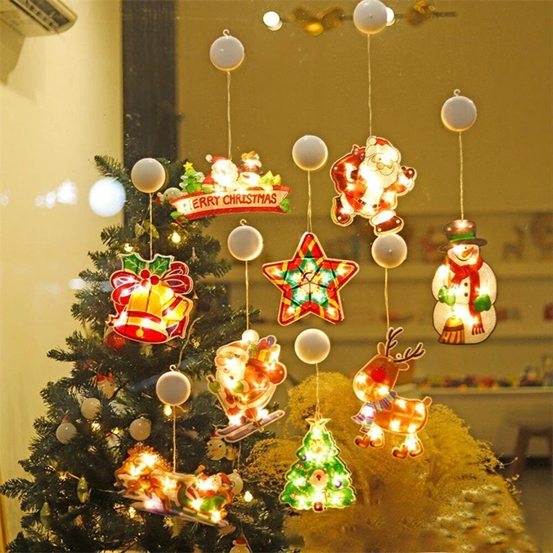 Luces navideñas para ventana, decoración navideña, Papá Noel, muñeco de nieve, con ventosa, regalos de Año Nuevo, 2023| | - AliExpress