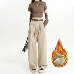 2023 Autumn Winter Velvet Thickened Denim Wide Leg Pants Women's High Waist Loose Slim and Warm Straight Fleece Jeans Woman