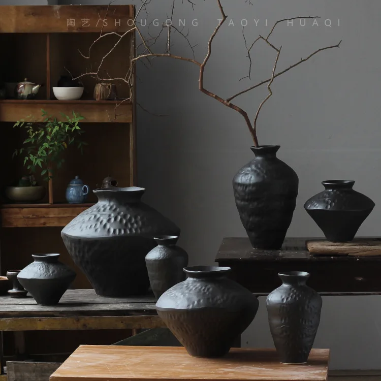 Black coarse clay pot new Chinese retro Zen ceramic vase decoration wabi-Sabi Homestay Teahouse Hotel decoration 2