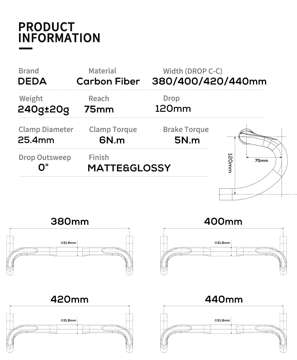 DEDA Zero100 Road Bicycle Carbon Handlebar Reduce Resistance Bent Bar Strengthen Bike Parts 380mm External Routing Black Matte