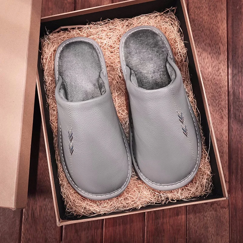 Women's Genuine Leather Winter Indoor Slippers Comfortable Warm Men Household Slippers Anti-Slip Couple's Casual Home Shoes