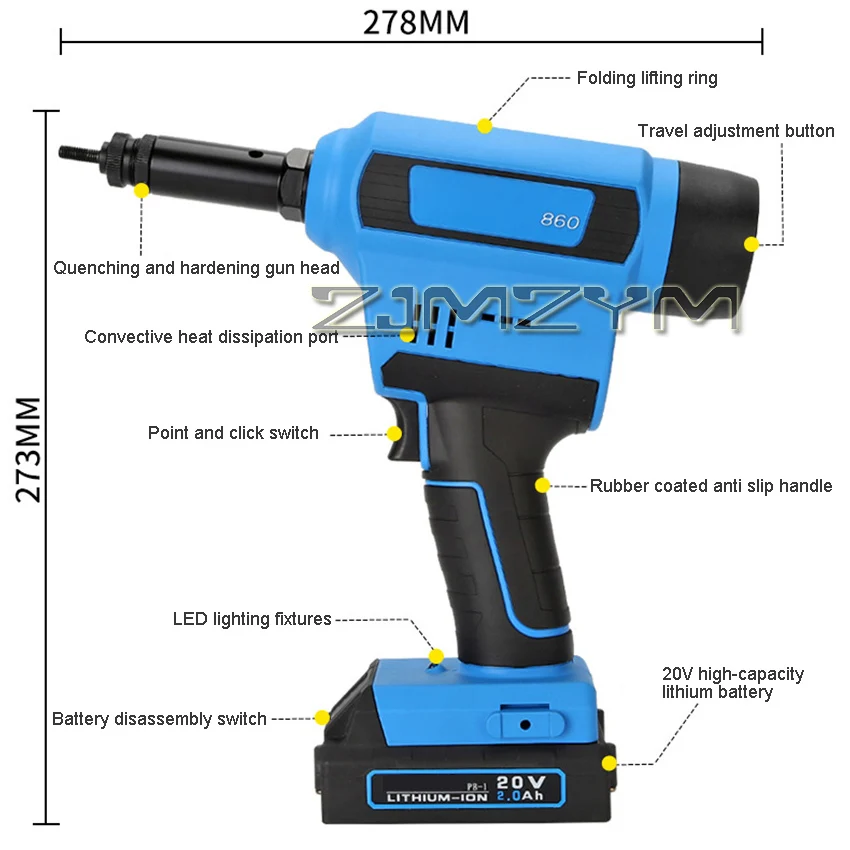 Lithium Ion Digital Rivet Nut Gun RL860 Automatic Nut Pulling Gun Riveting Riveting Machine Rivet Tool 3-10mm 20V