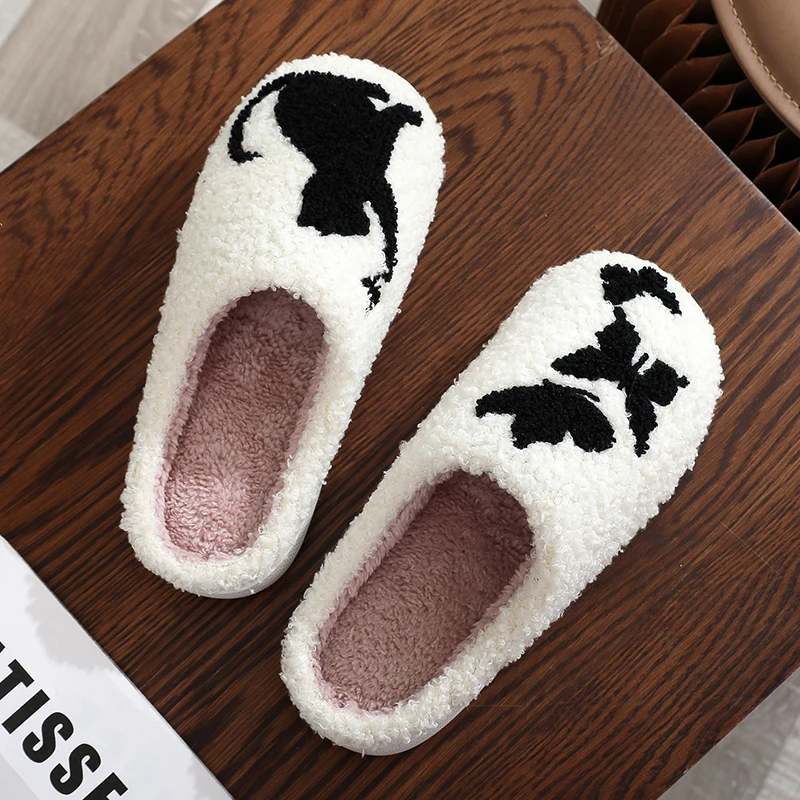 Cartoon Embroidery Plush Slippers for Women 2025 Soft Platform Home Slides Woman Winter Cute Warm Non-Slip Indoor Slippers Mujer