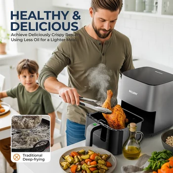 ROUNY Air Fryer 5L, Electric Hot Fryer Oven Oilless Cooker with Touch Control & Nonstick Basket & Visible Window, Family Size 4