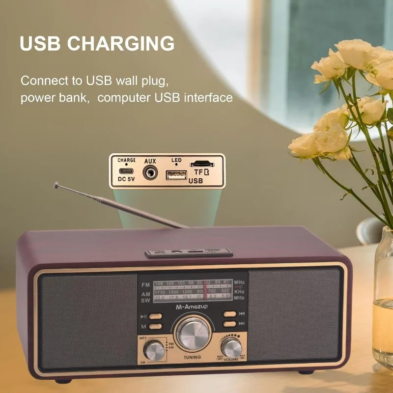 Nostalgic Retro Wooden Bluetooth Speakers Stereo Radio Wireless Subwoofer with AM/FM/SW Multi-band Support AUX USB TF Card Slot