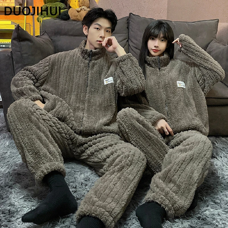 DUOJIHUI Winter Chicly Zipper Cardigan Female Pajamas Set Basic Simple Fashion 6-colors Couple Clothing Casual Pajamas for Women