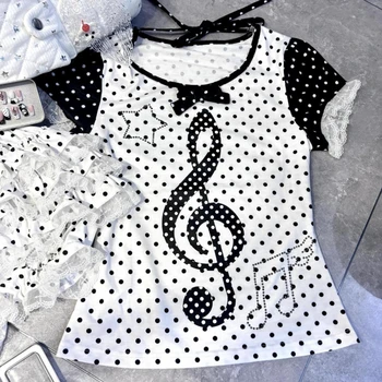 Japanese Mushroom Girl Fake Two Short Sleeve T-shirt Piano Polka Dot Print Tees Summer Y2k Subculture Hot Girl Casual Tops 2000s 1