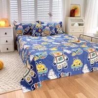 Cartoon Bear Flat Sheet with 2 Pillowcase Twin/King Cotton Space Explorer Theme Rocket Star Print Bed Sheet Set(No Fitted Sheet) 4