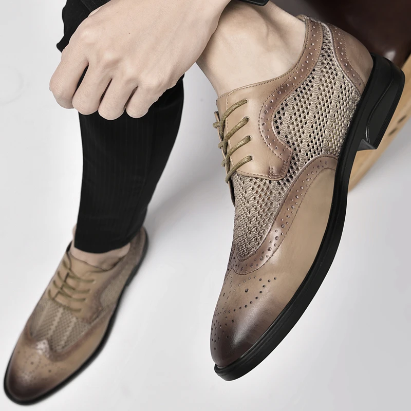 

Men' Block Black/brown/gray Fly Woven Mesh Fashionable Casual Leather Shoes Breathable Leather Men Shoes Summer Slip on Loafers