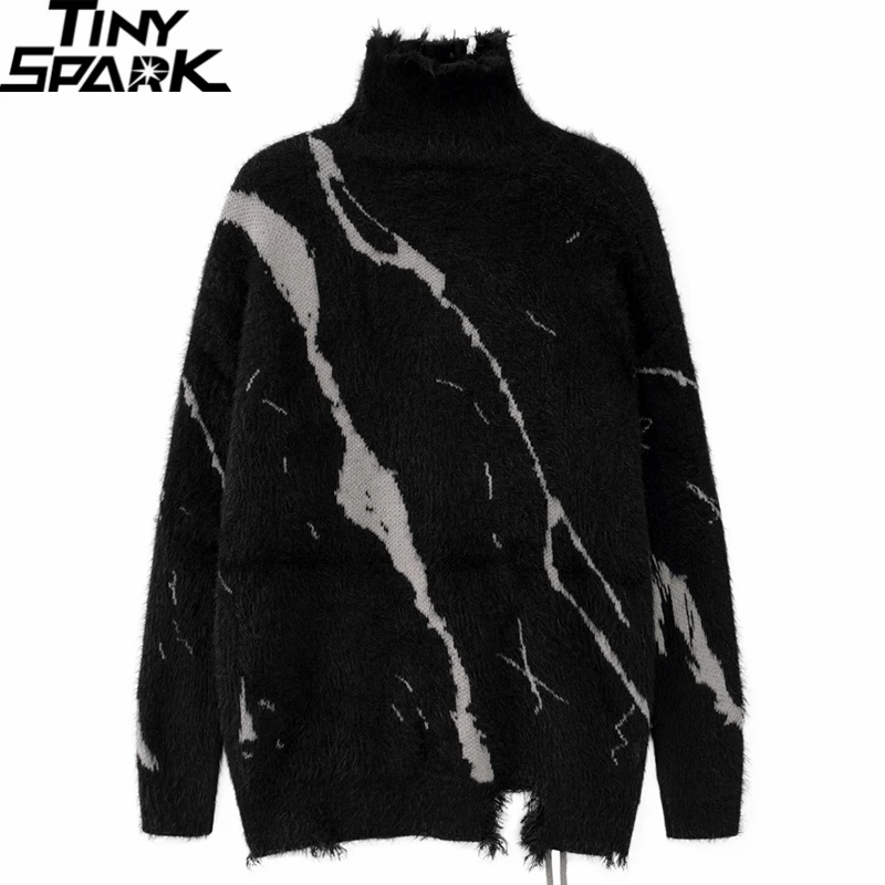 2024 Men Turtleneck Sweater Streetwear Distressed Knitted Sweater Ripped Hole Hip Hop Retro Pullover Harajuku Sweater Soft Black 2