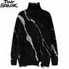 2024 Men Turtleneck Sweater Streetwear Distressed Knitted Sweater Ripped Hole Hip Hop Retro Pullover Harajuku Sweater Soft Black 2