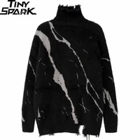 2024 Men Turtleneck Sweater Streetwear Distressed Knitted Sweater Ripped Hole Hip Hop Retro Pullover Harajuku Sweater Soft Black 2