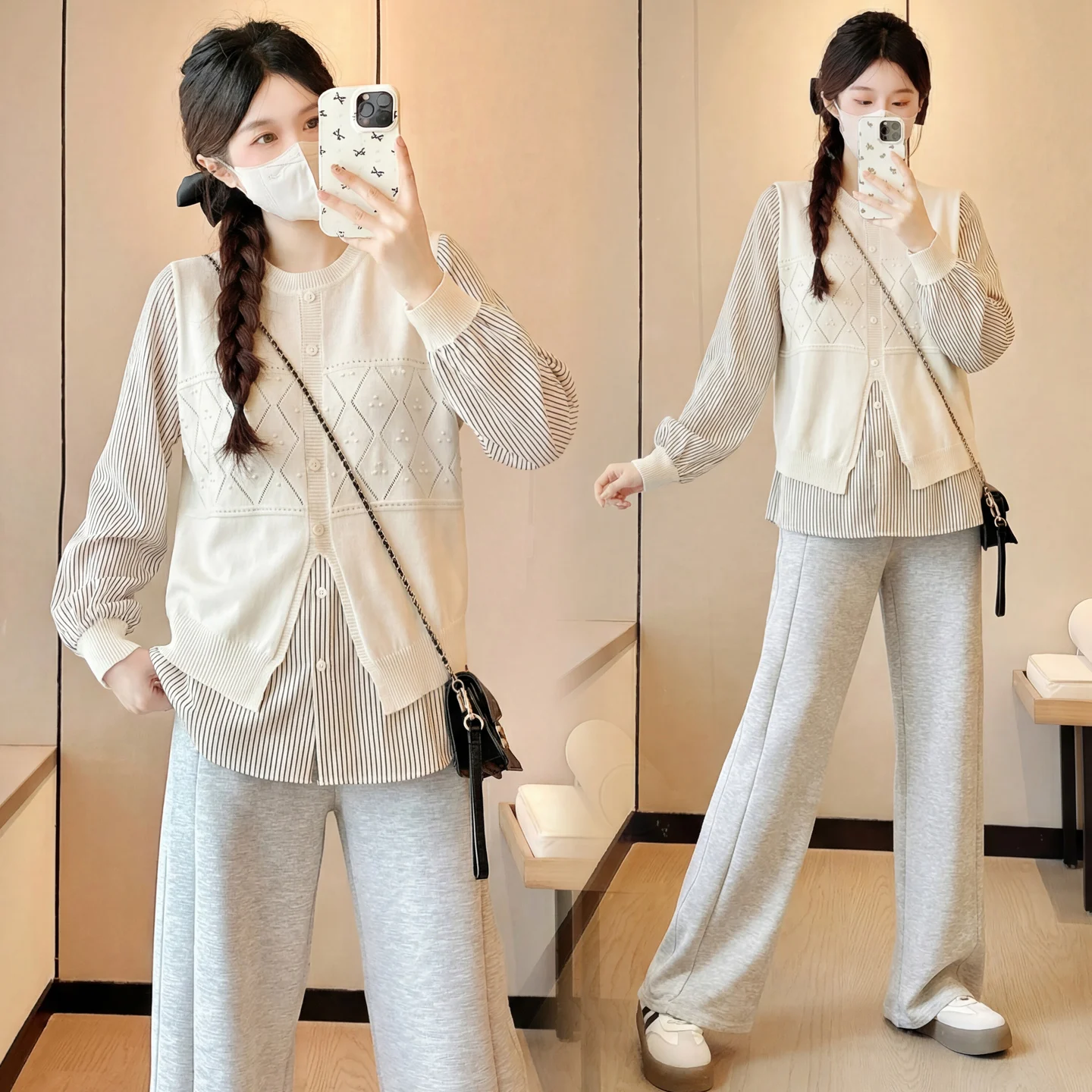 임산부용 봄 셔츠 달콤한 루즈핏 긴팔 인형 디자인 다용도 노화방지 투피스룩 캐주얼 한국 스타일 스트라이프