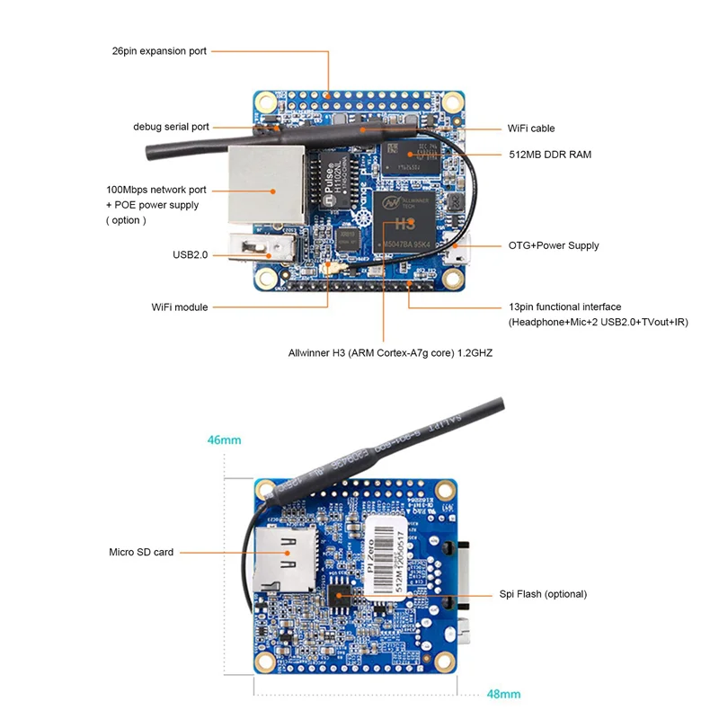 Orange Pi Zero Allwinner H3 ARM Cortex-A7  ھ 256MB ޸ ǻ  ȵ̵   