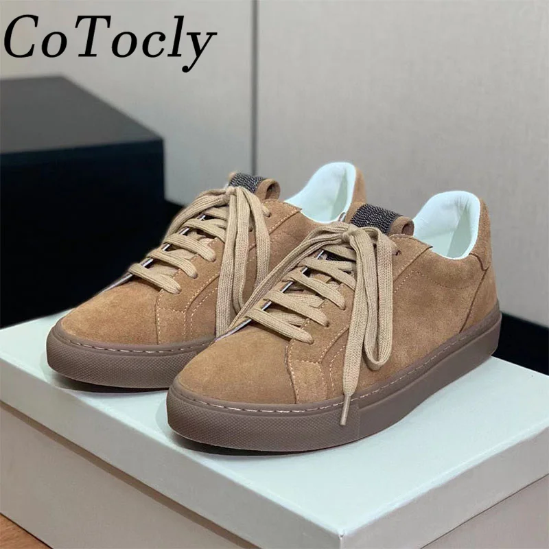 

New Suede Leather Flat Shoes Woman Lace Up Round Toe Loafers String Bead Thick Sole Outdoors Casual Shoes Cosy Walk Shoes Women