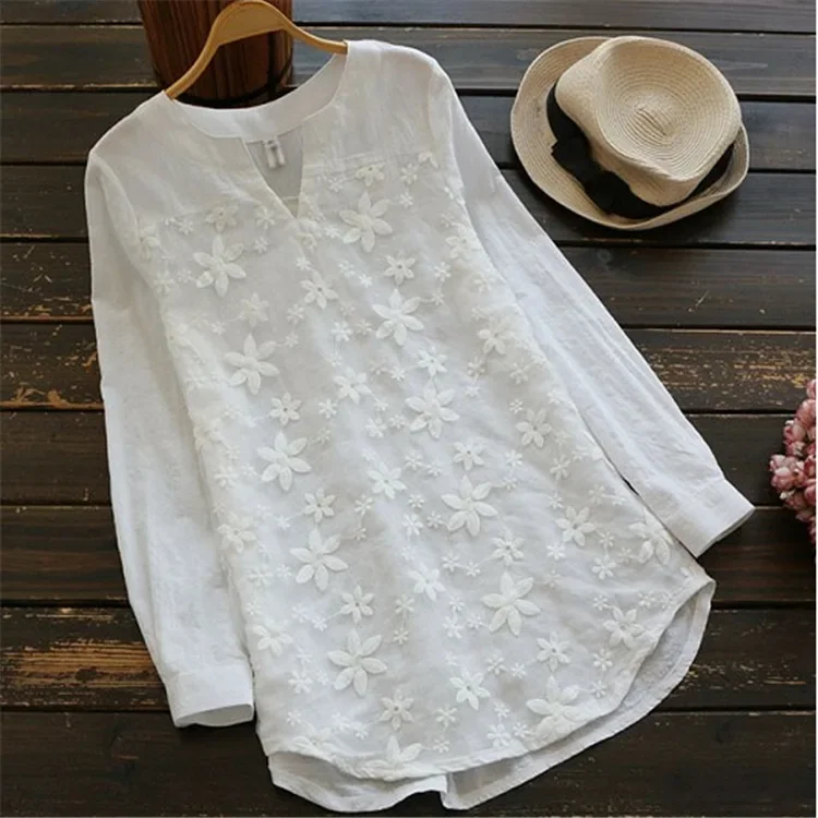 2023 Summer Autumn Hot Blouse Women Lace Long Sleeve Tops V Neck Embroidery Loose Plus Size S-5XL Elegant Shirt Blusas Female